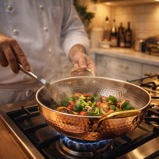 Copper Wok with Brass Handles & Lid 22cm