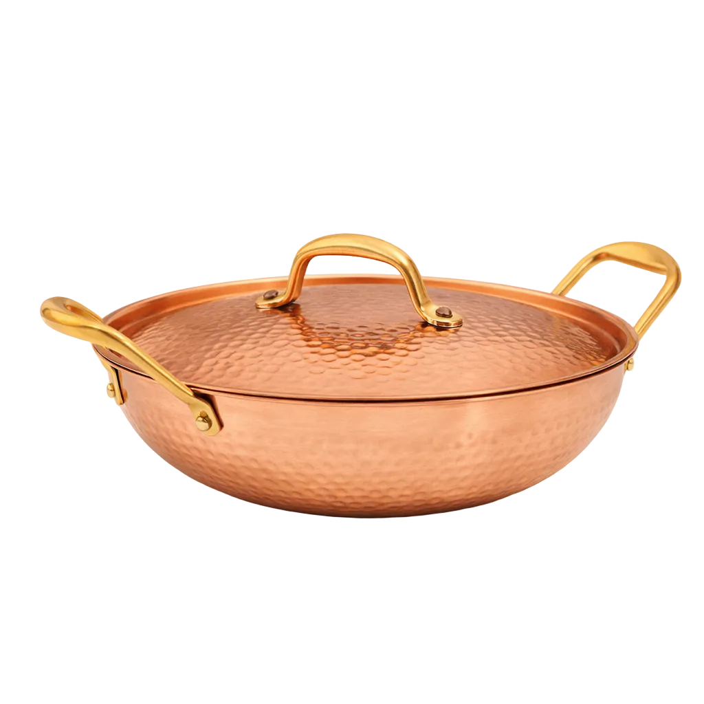 Hammered copper wok with brass handles and lid 22cm