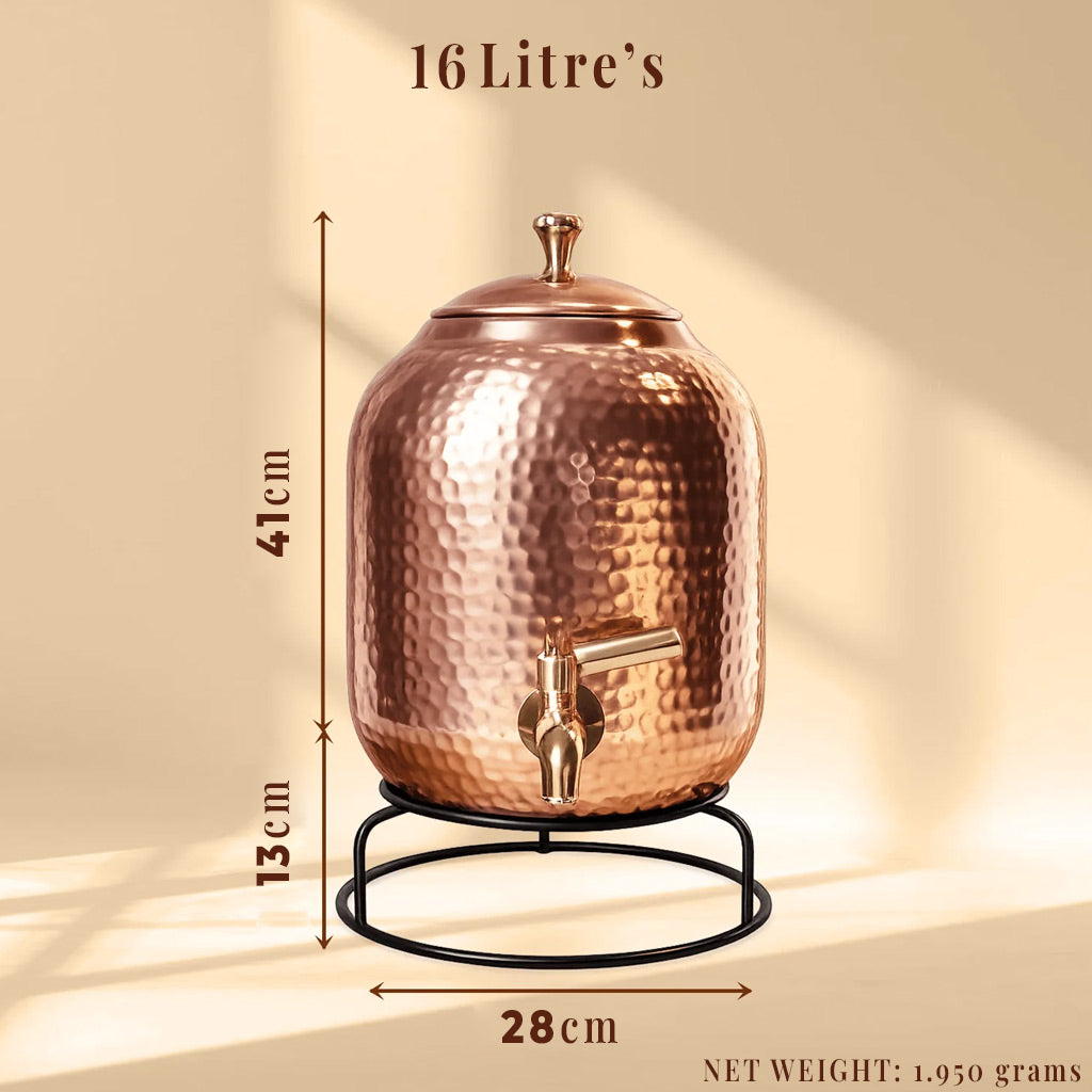 Hand Hammered Pure Copper Water Dispenser with Stand | 5L 8L 12L 16L