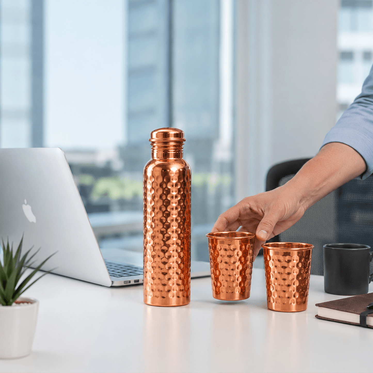 Pure Copper Bottle & Copper Glass Set (1 Bottle + 2 Glasses) | 950ml + 300ml