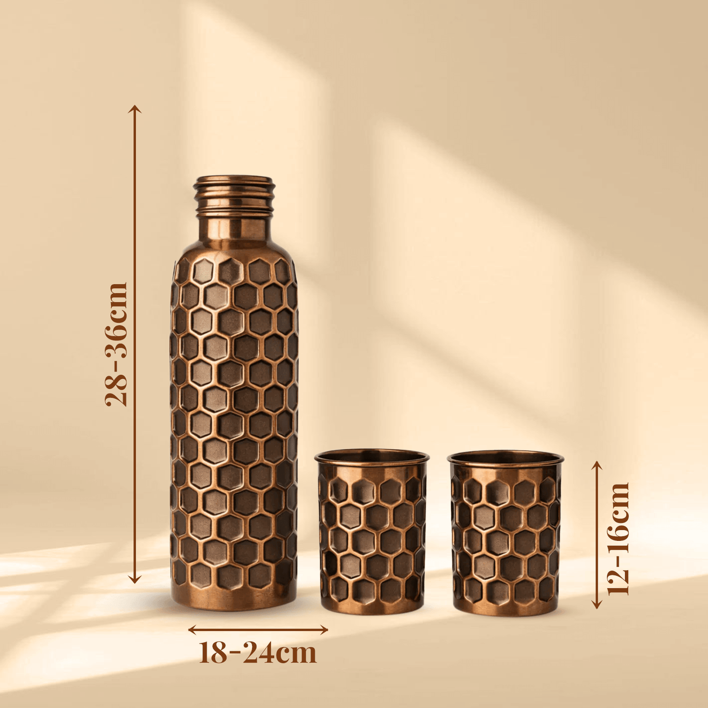 Embossed Pure Copper Bottle Gift Set with 2 Glasses | 950ml Bottle & 300ml Tumblers