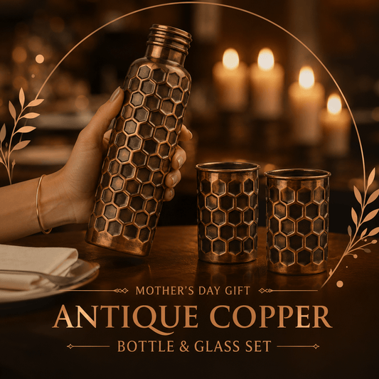 Embossed Pure Copper Bottle Gift Set with 2 Glasses | 950ml Bottle & 300ml Tumblers