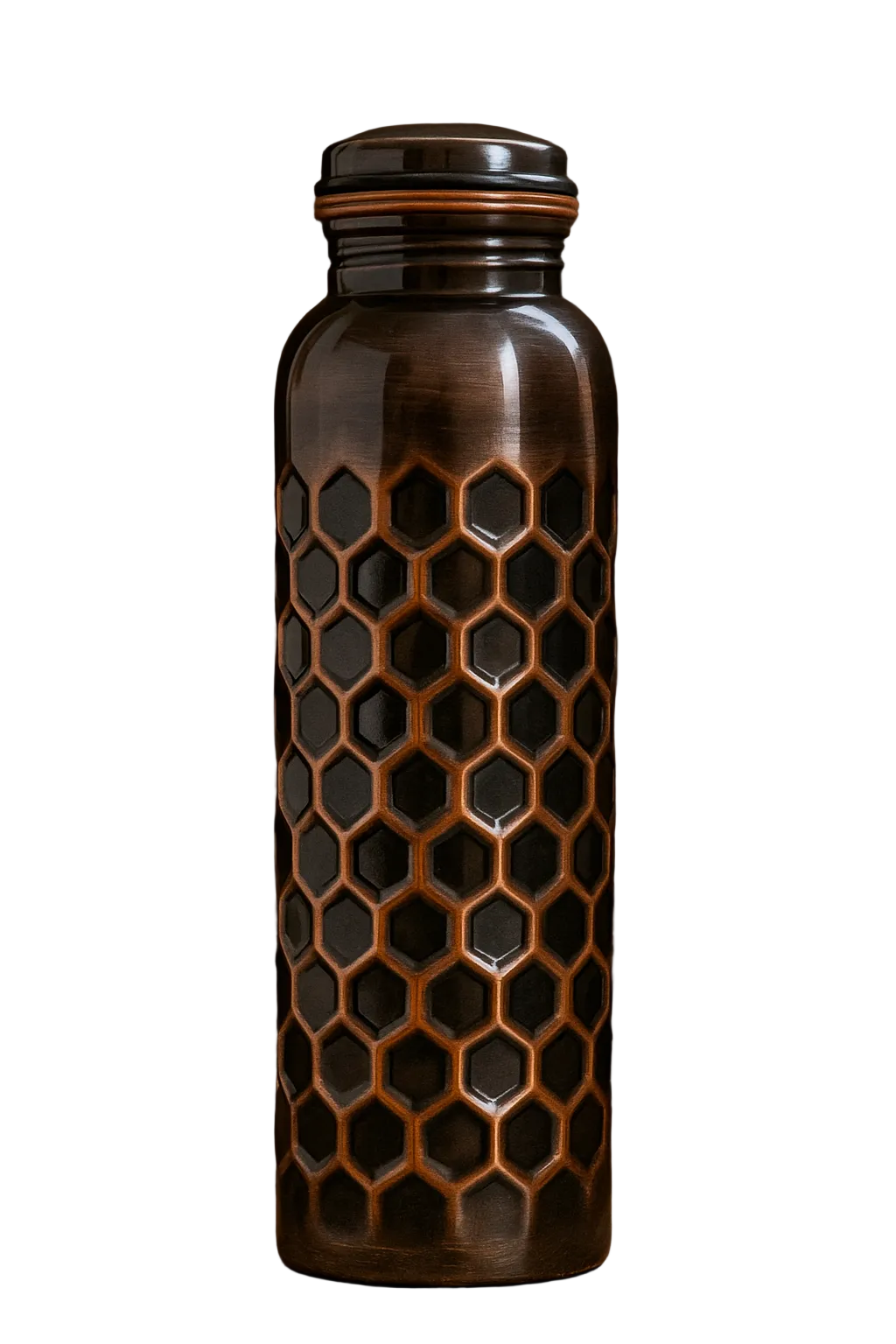 Pure copper water bottle with a rustic antique finish and embossed patterns.