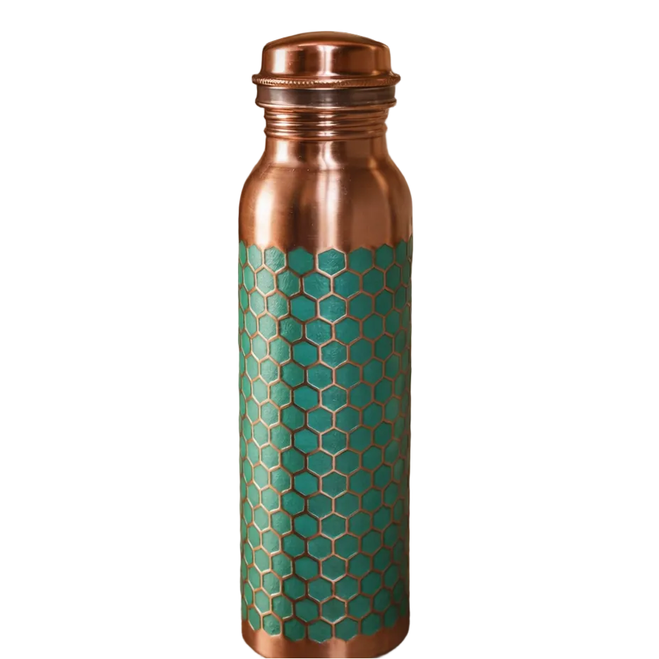 Pure copper water bottle with an intricate embossed design and green finish.