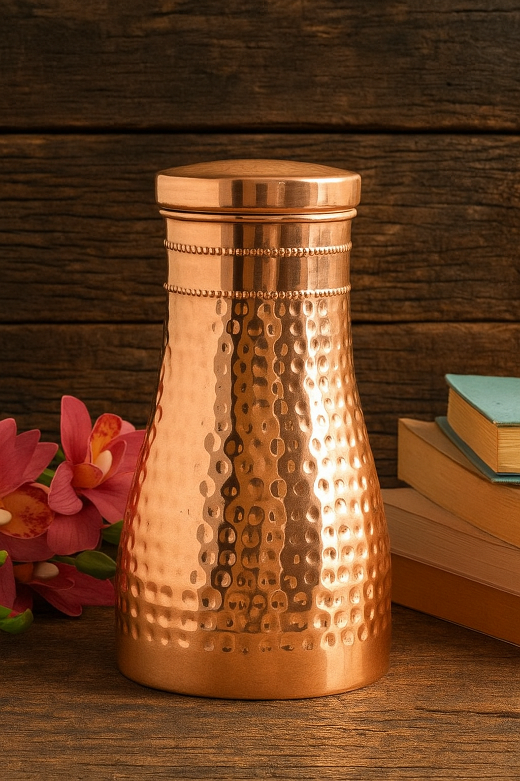 Copper Hand Hammered Bedroom Bottle with Glass 950ml
