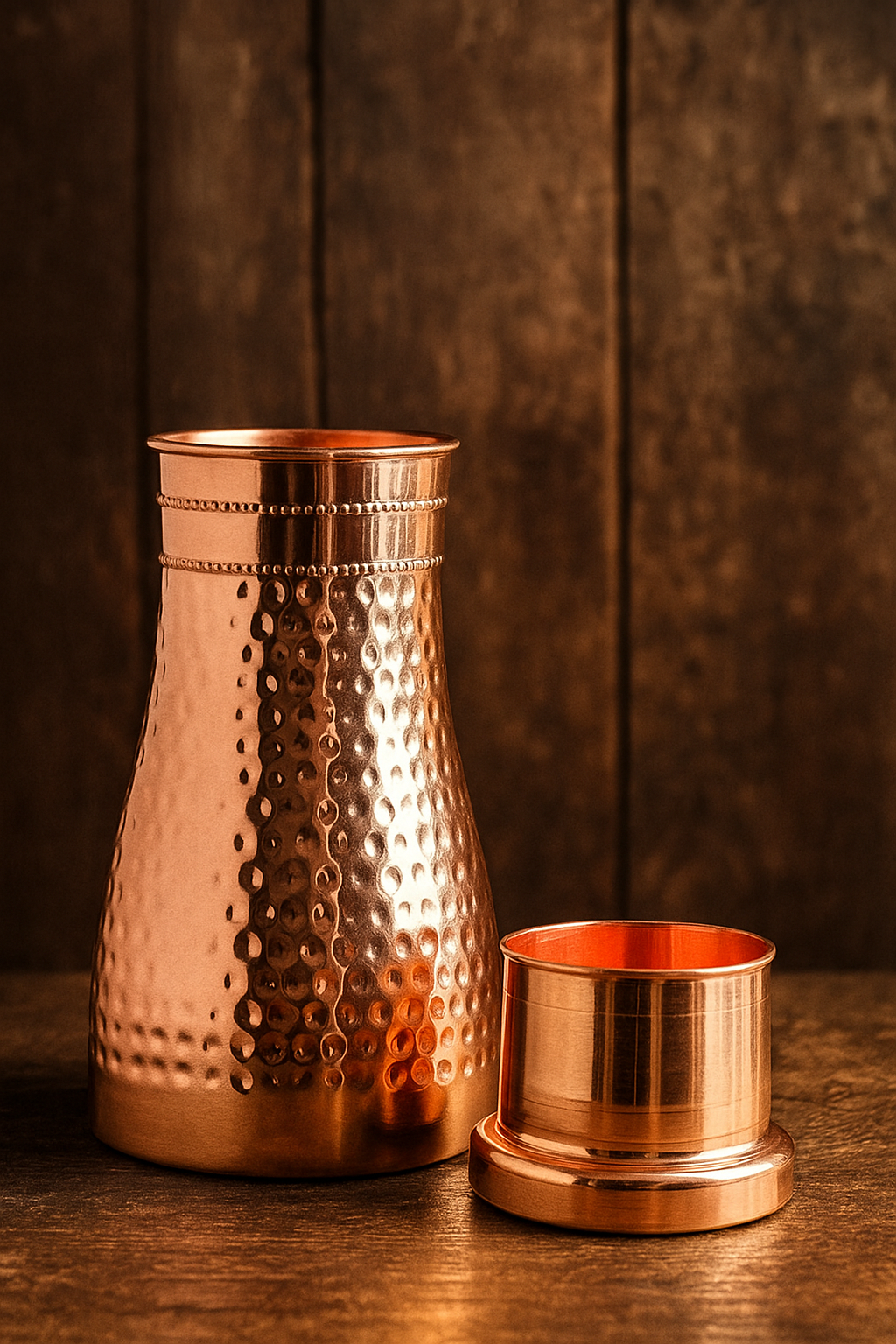 Copper Hand Hammered Bedroom Bottle with Glass 950ml