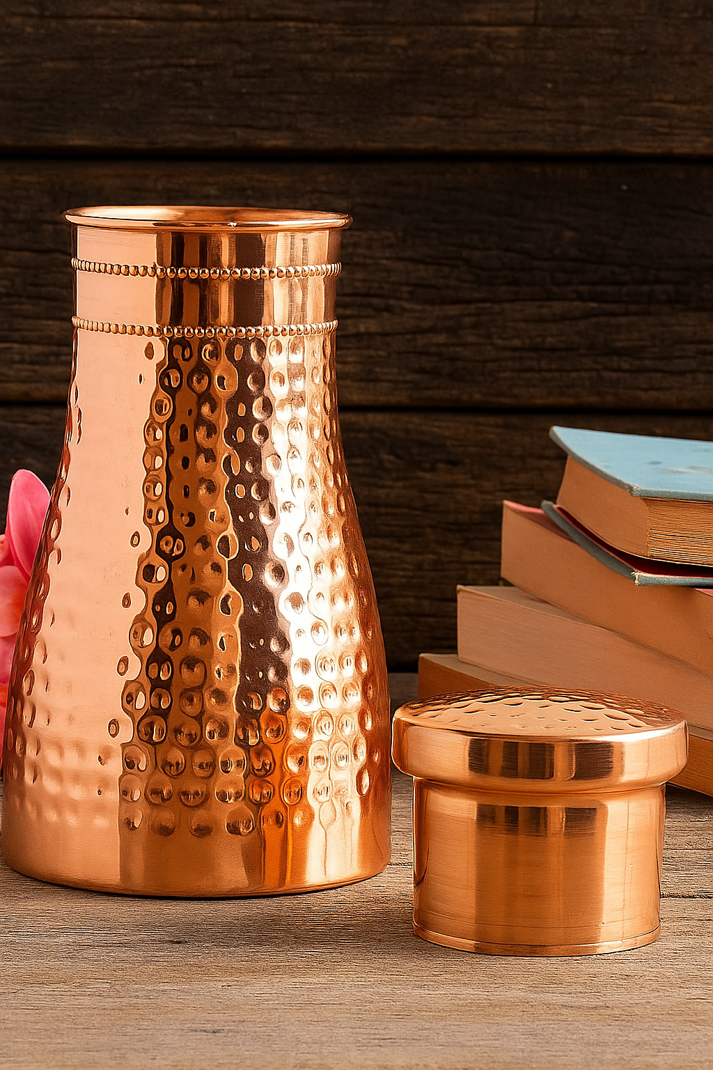 Copper Hand Hammered Bedroom Bottle with Glass 950ml