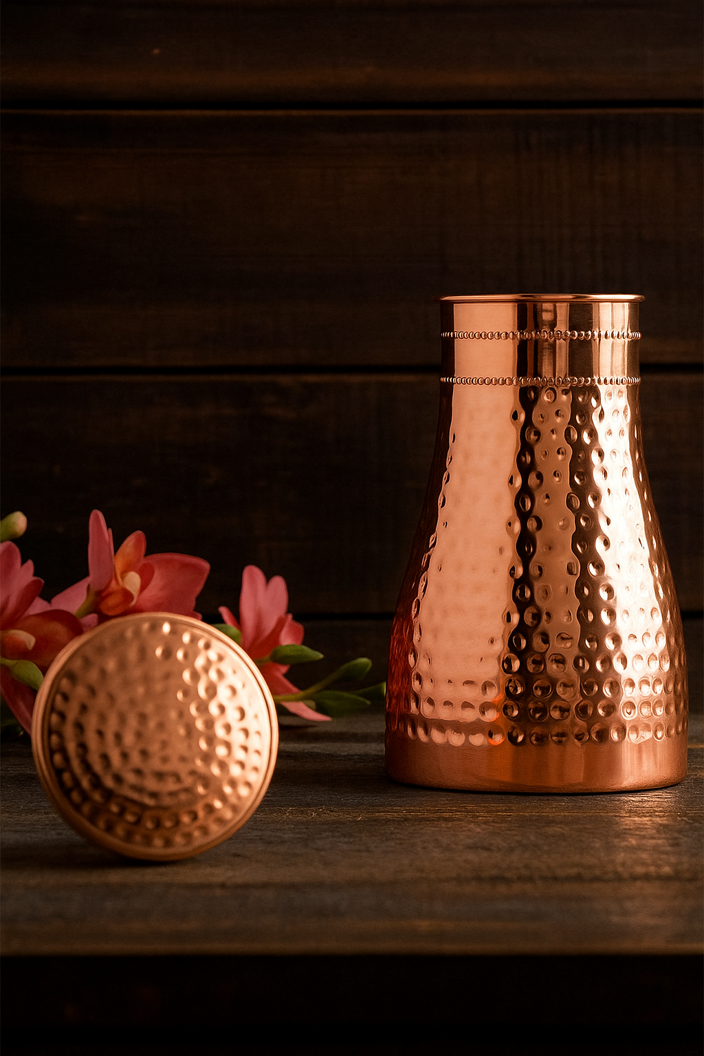 Copper Hand Hammered Bedroom Bottle with Glass 950ml