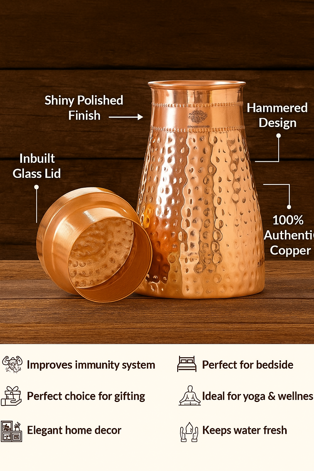 Copper Hand Hammered Bedroom Bottle with Glass 950ml