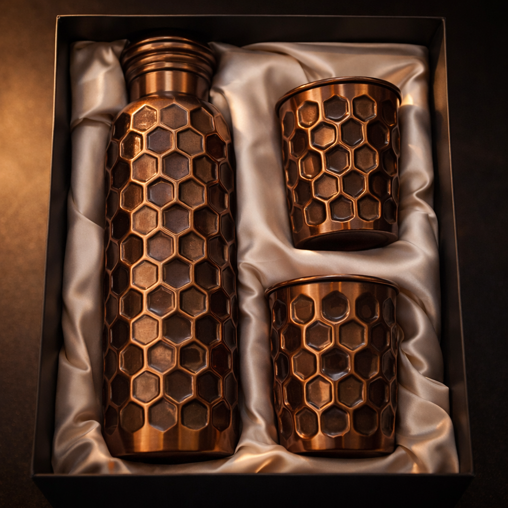 Antique Look Pure Copper Bottle & Glass Set