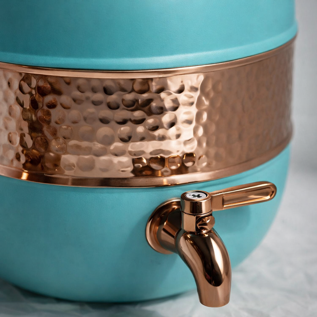 Pure Copper Water Dispenser Half Hammered Turquoise with Stand 5L-16L