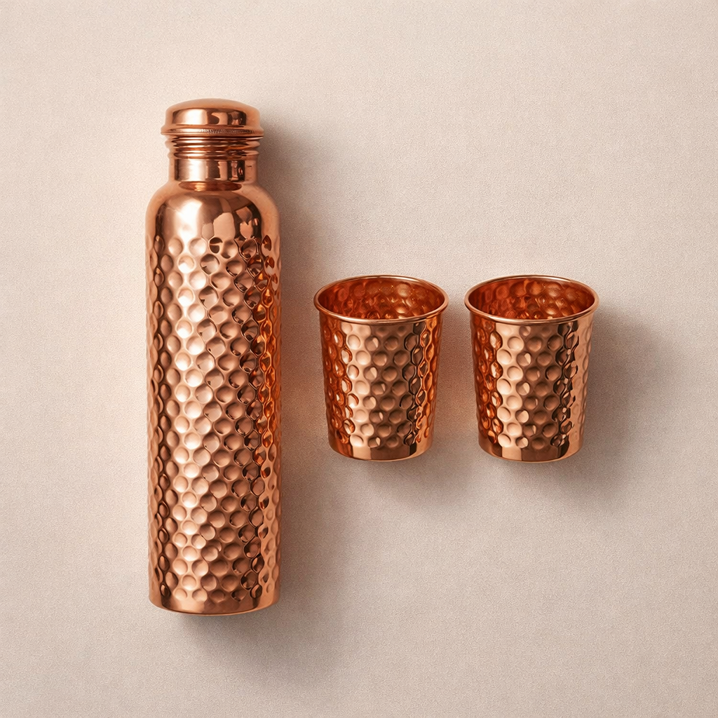 Ayurvedic Copper Bottle & Glass Set 950ml + 2 Glasses