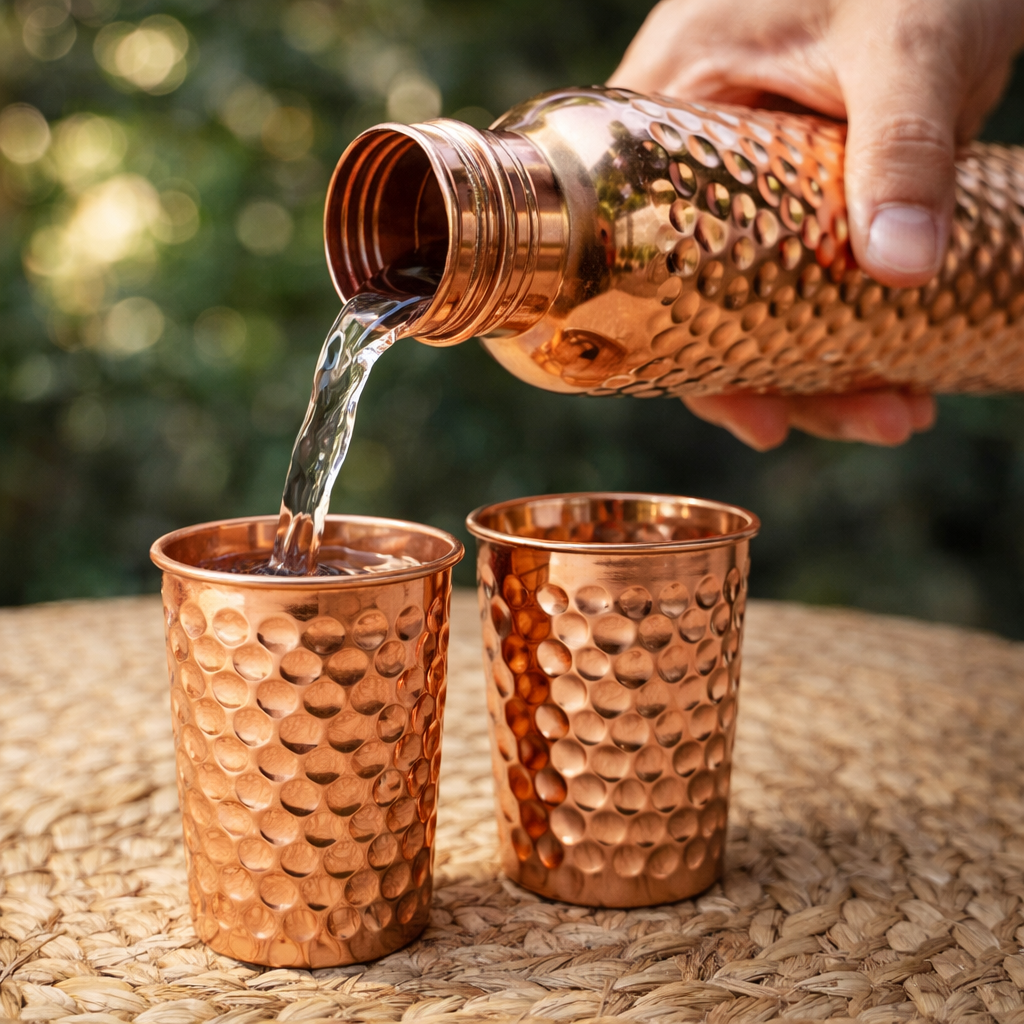 Ayurvedic Copper Bottle & Glass Set 950ml + 2 Glasses