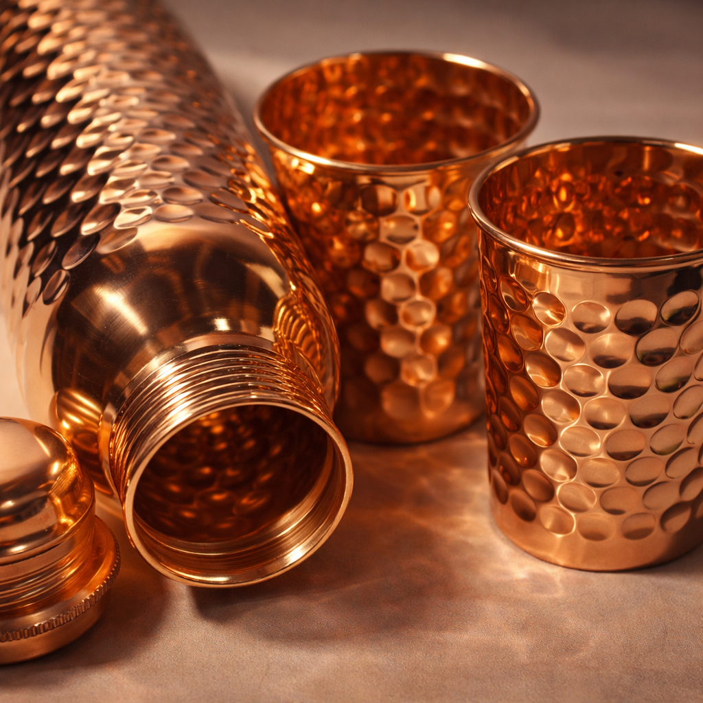 Ayurvedic Copper Bottle & Glass Set 950ml + 2 Glasses