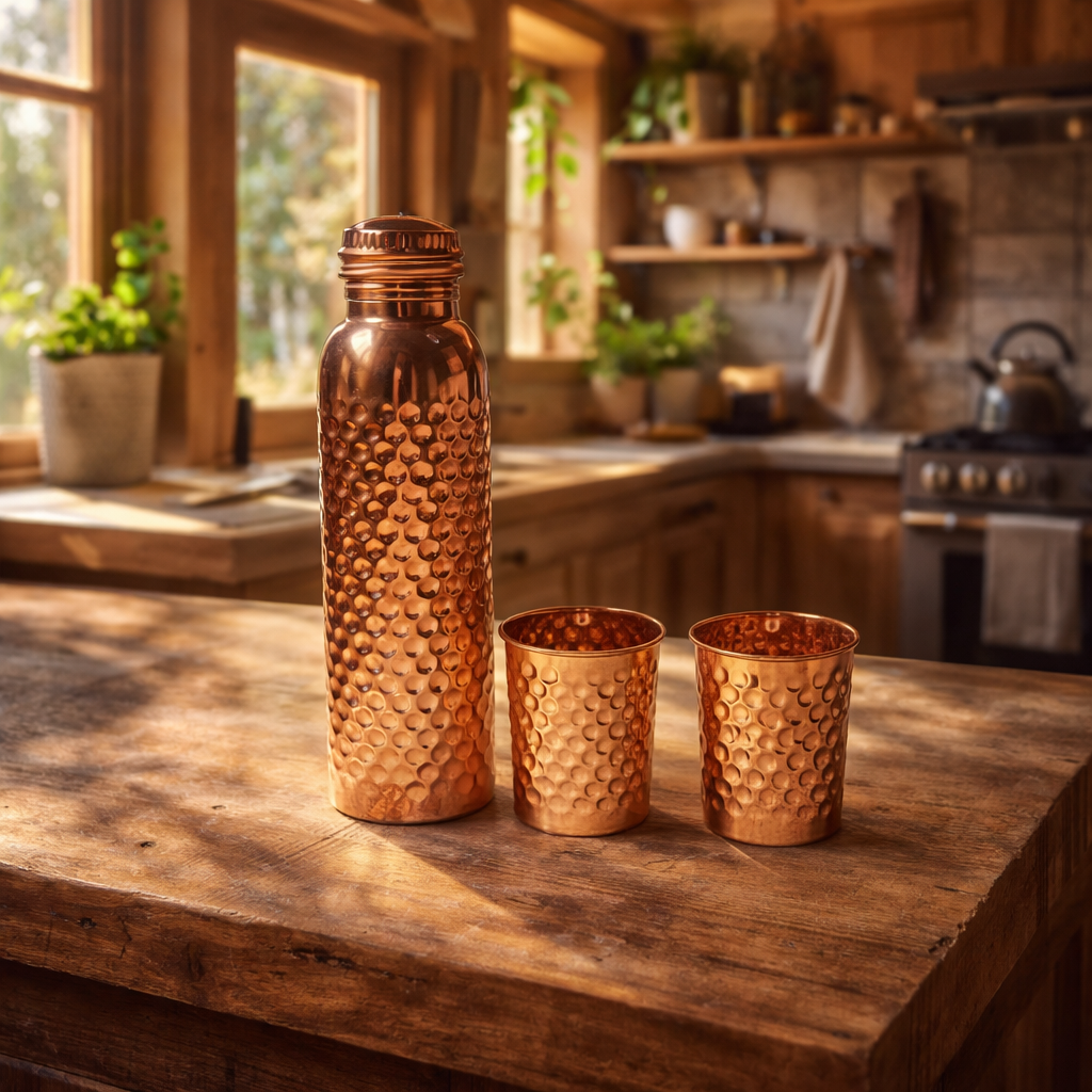 Ayurvedic Copper Bottle & Glass Set 950ml + 2 Glasses