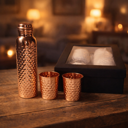 Ayurvedic Copper Bottle & Glass Set 950ml + 2 Glasses