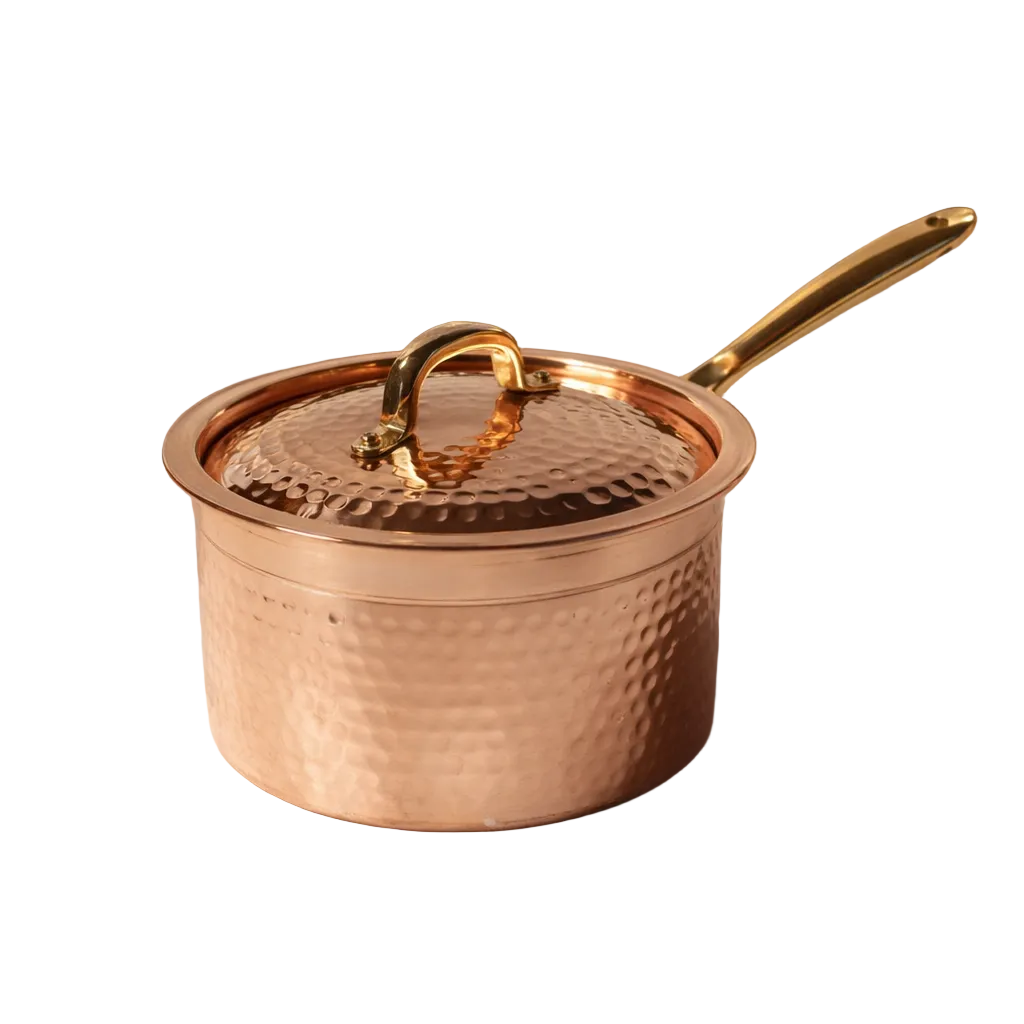 Hammered copper saucepan with brass handle and lid