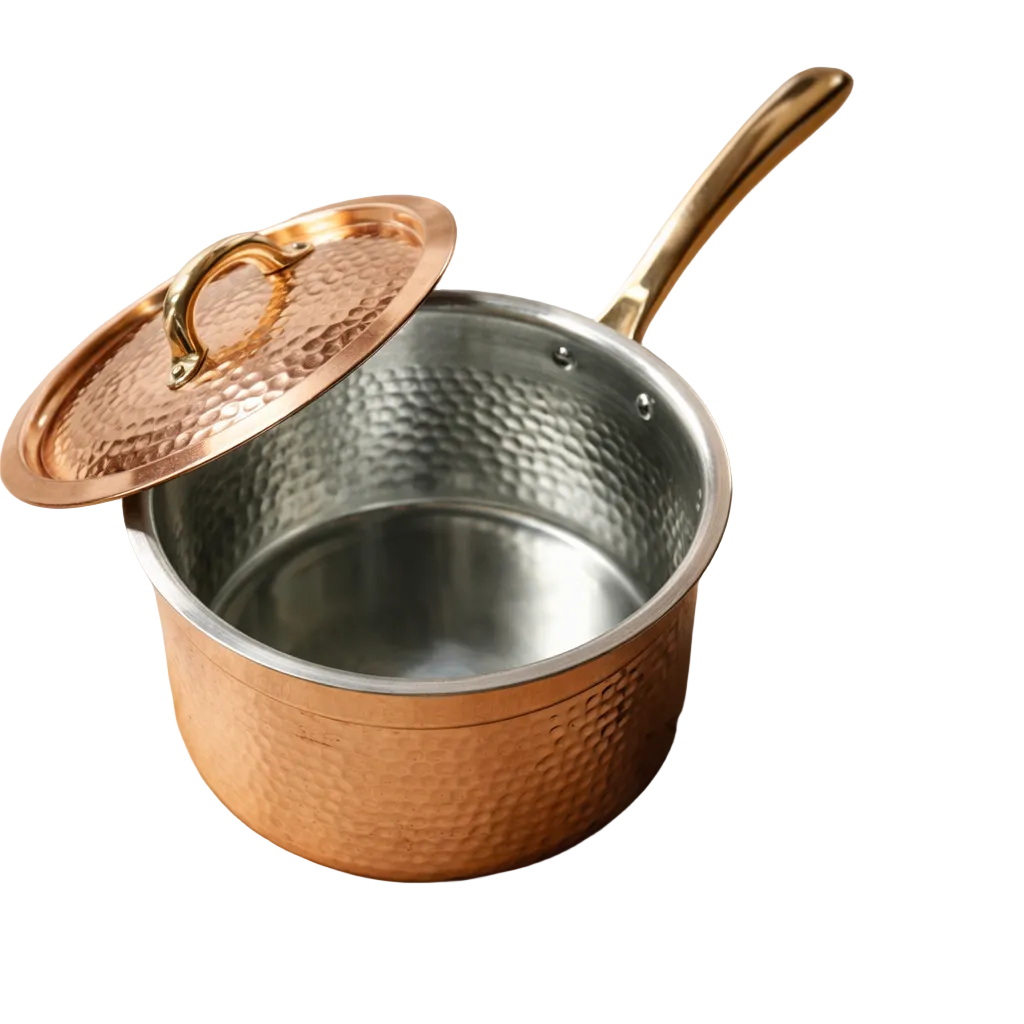Hammered copper saucepan with brass handle and lid