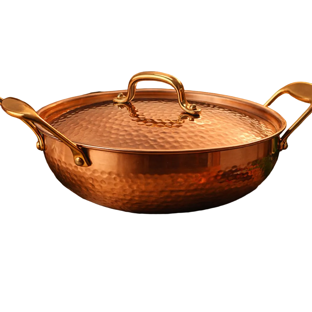 Hammered copper wok with brass handles and lid 22cm