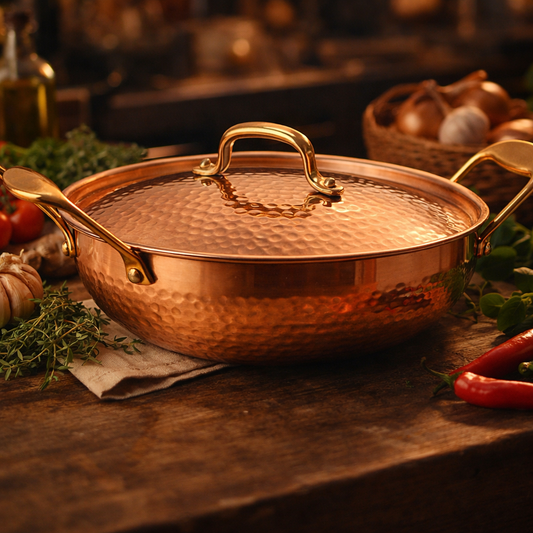 Copper Wok with Brass Handles & Lid 22cm