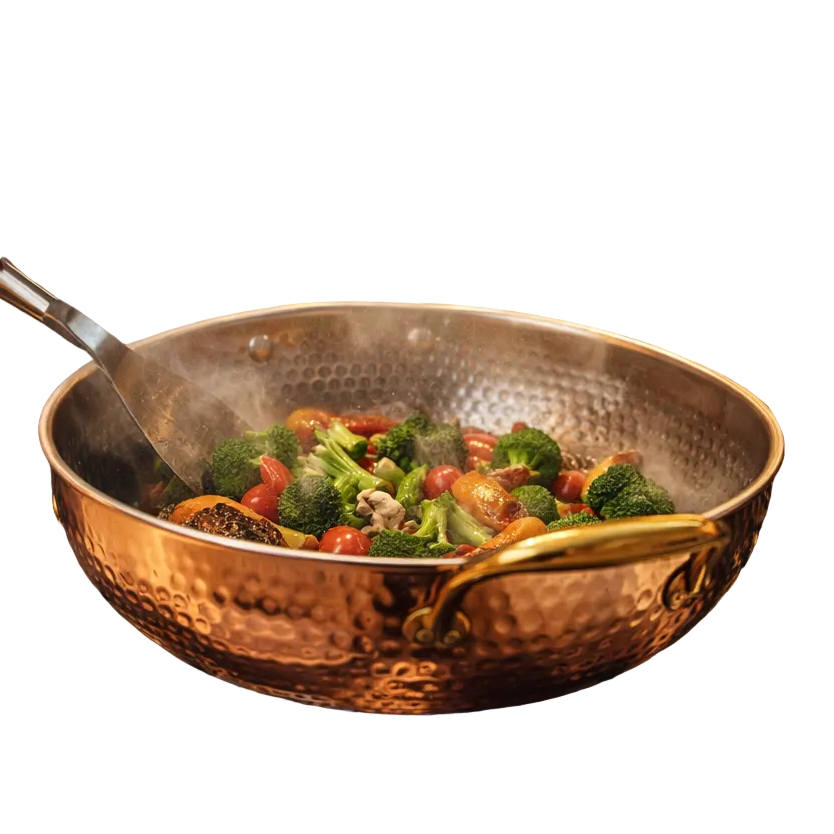 Hammered copper wok with brass handles and lid 22cm