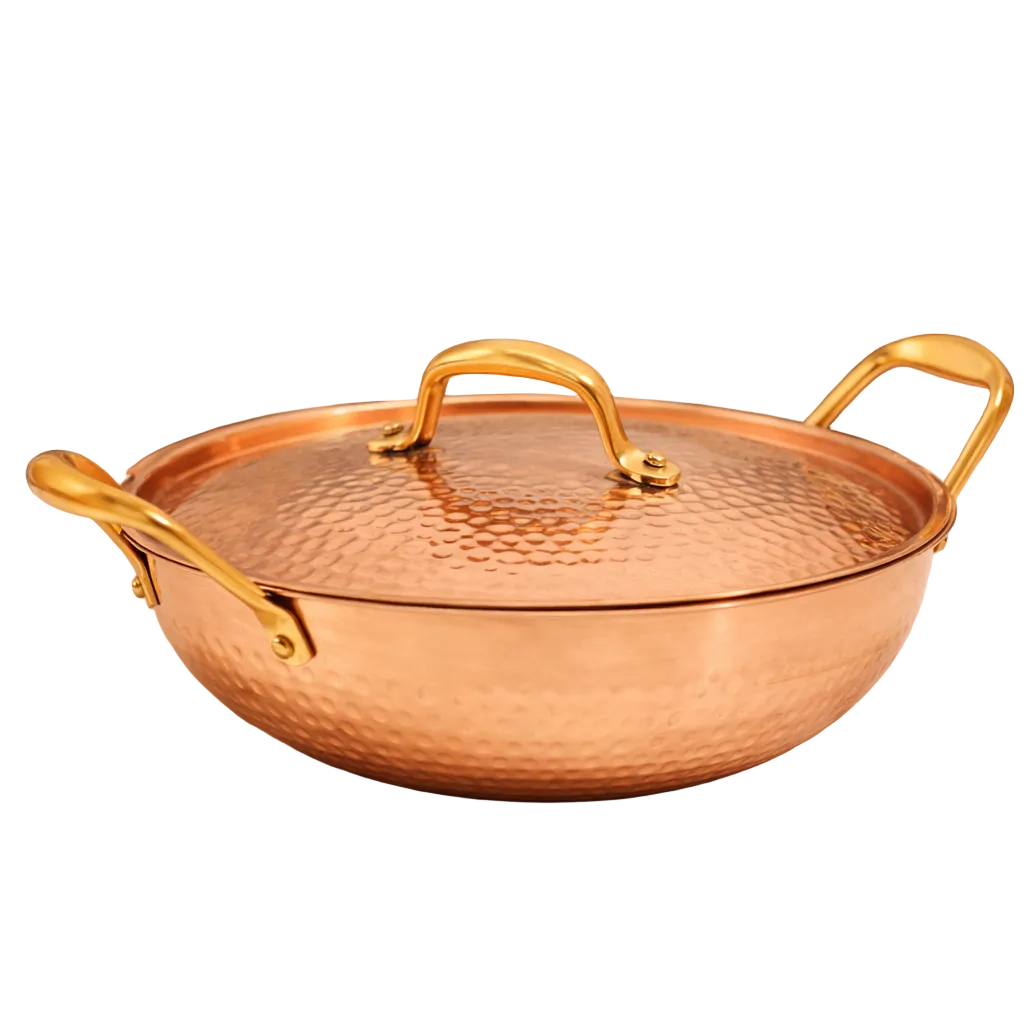 Hammered copper wok with brass handles and lid 22cm