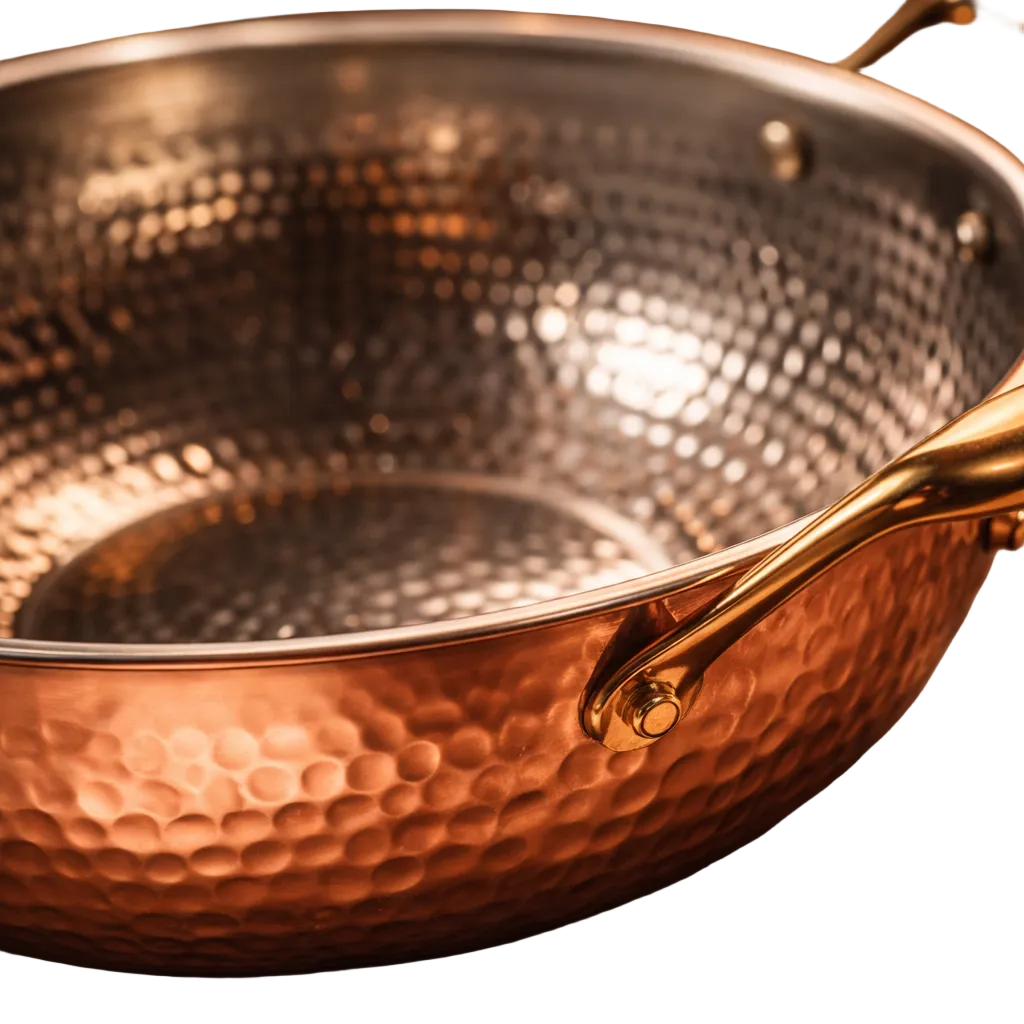 Hammered copper wok with brass handles and lid 22cm