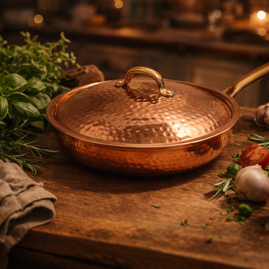 Copper Frying Pan with Lid & Brass Handle 25cm