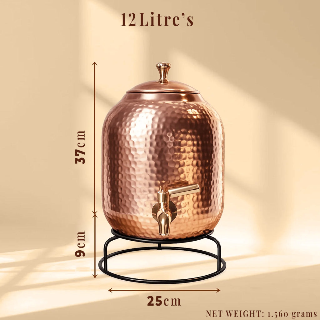 Hand Hammered Pure Copper Water Dispenser with Stand | 5L 8L 12L 16L
