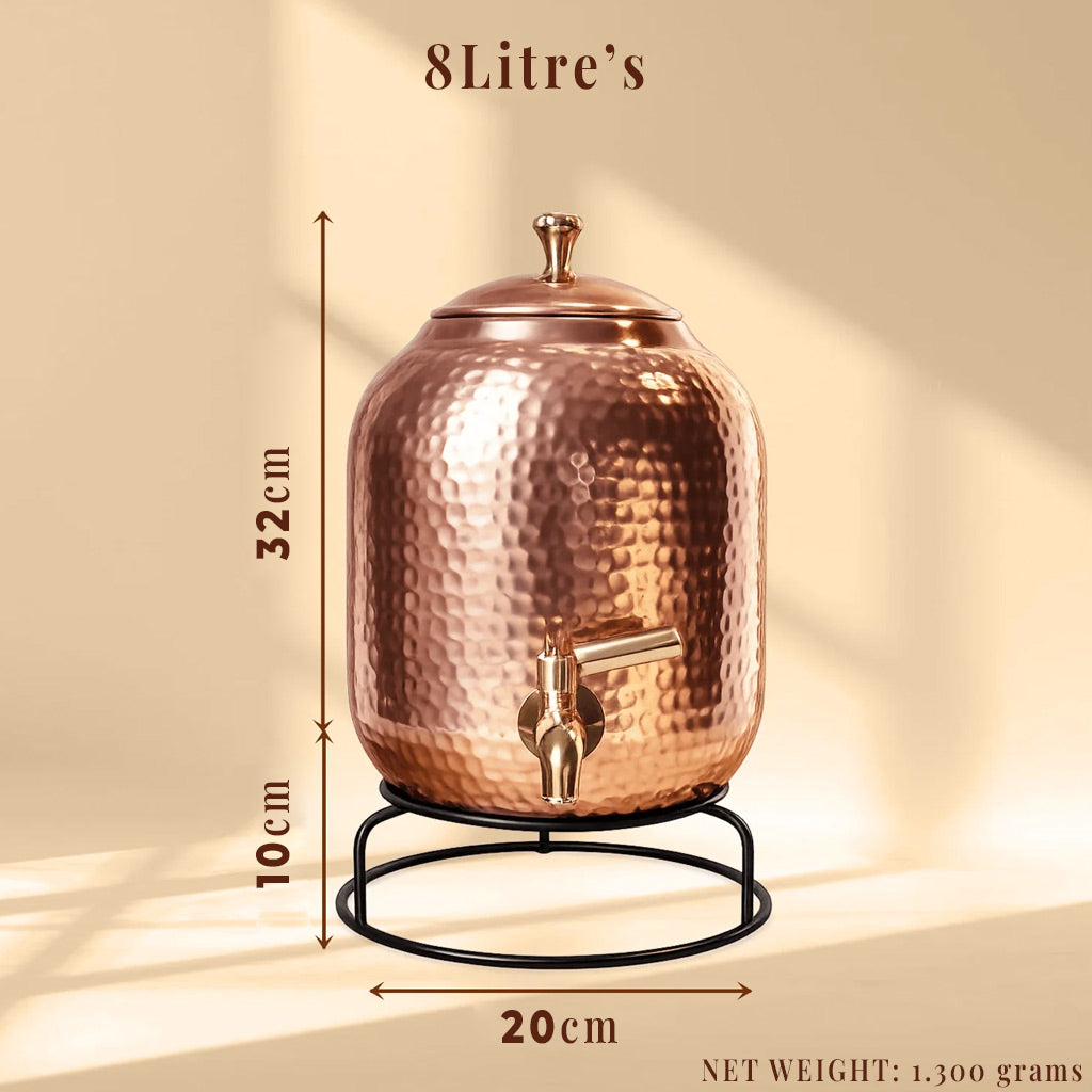 Hand Hammered Pure Copper Water Dispenser with Stand | 5L 8L 12L 16L
