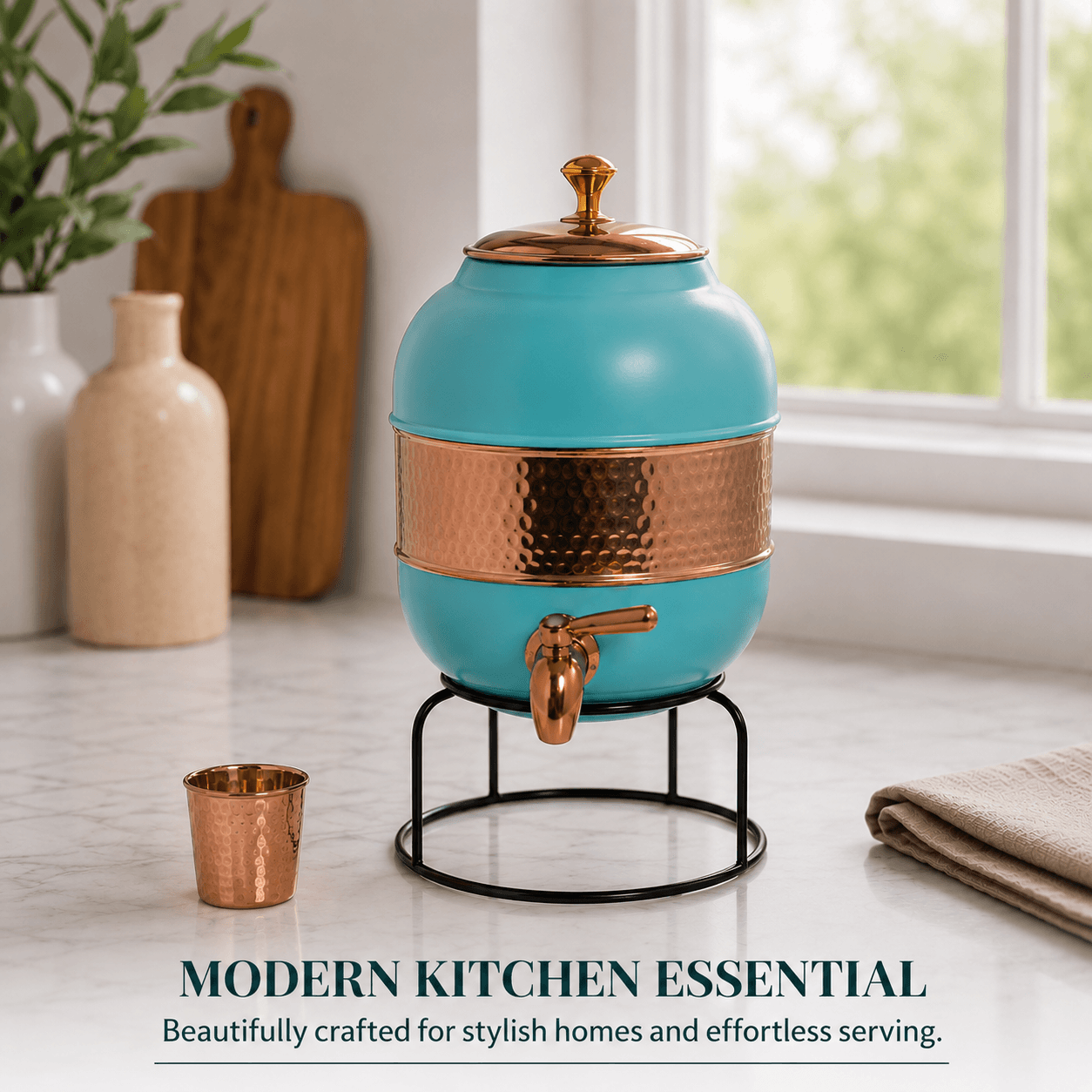Pure Copper Water Dispenser | Half Hammered Turquoise Finish with Stand