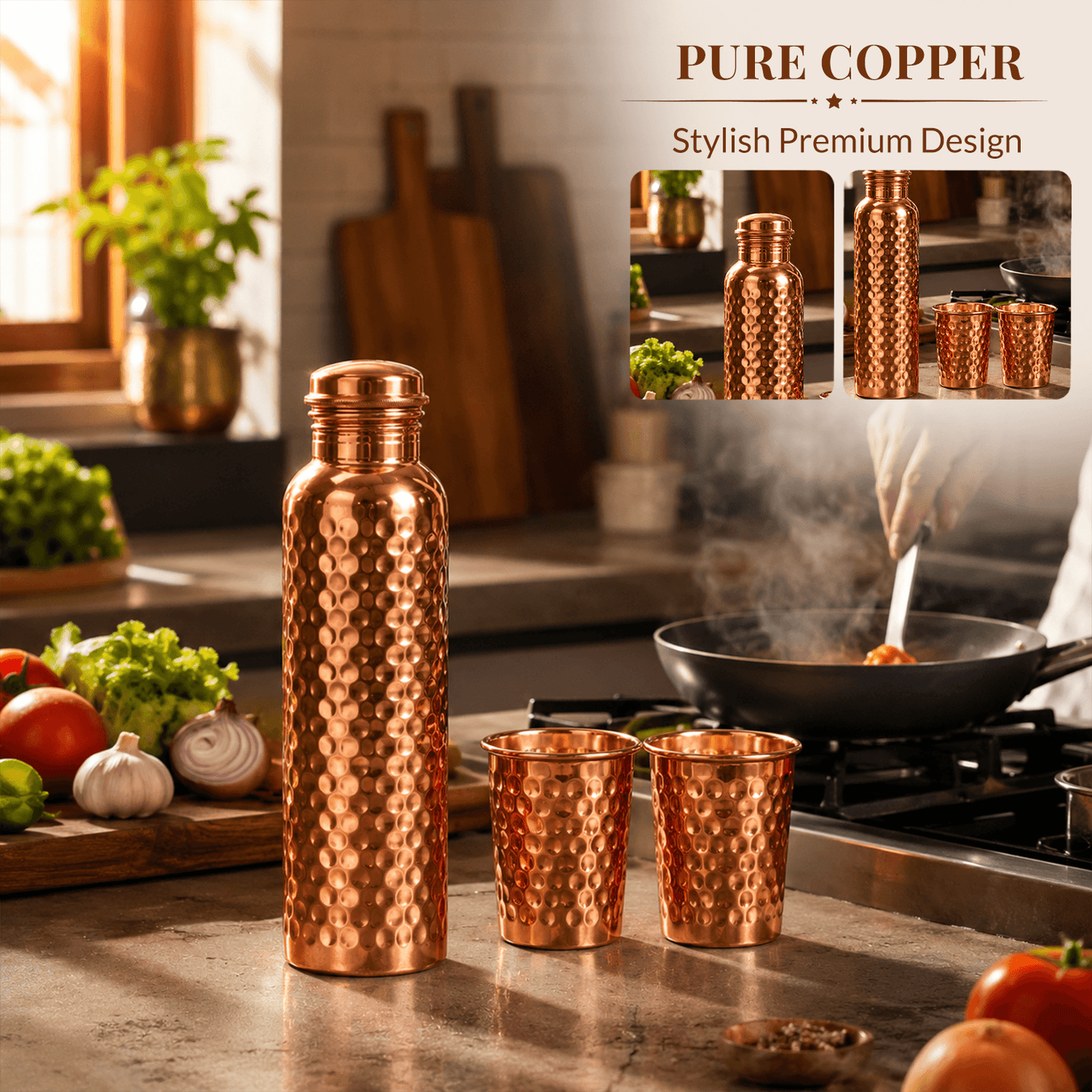 Pure Copper Bottle & Copper Glass Set (1 Bottle + 2 Glasses) | 950ml + 300ml