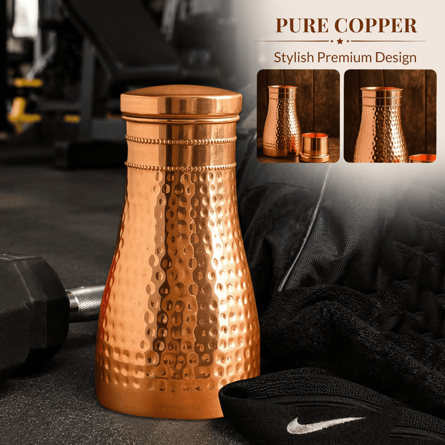 Handcrafted Copper Hand Hammered Bedroom Bottle with Glass 950ml