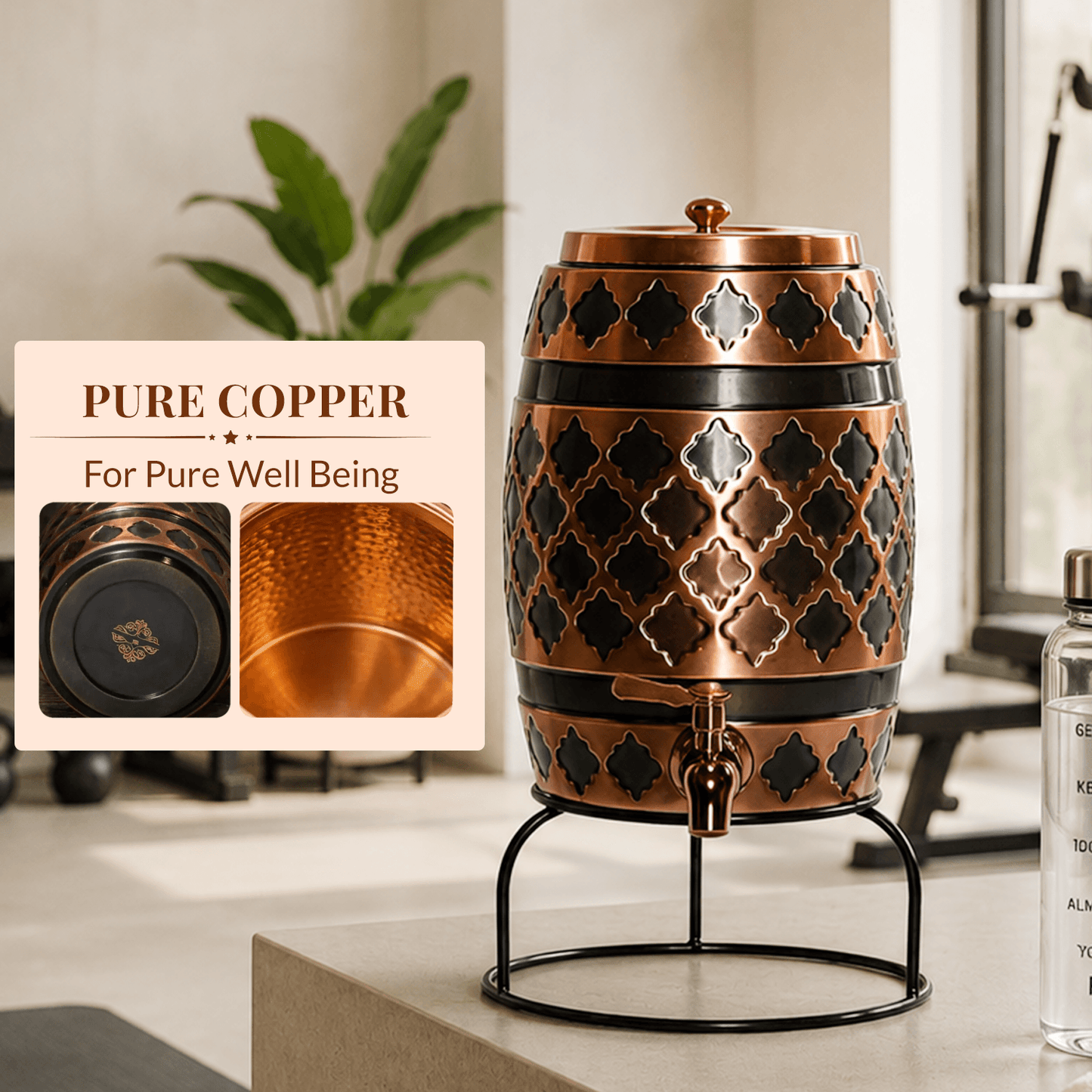 Antique Embossed Pure Copper Water Dispenser with Stand | 5L 8L 12L 16L