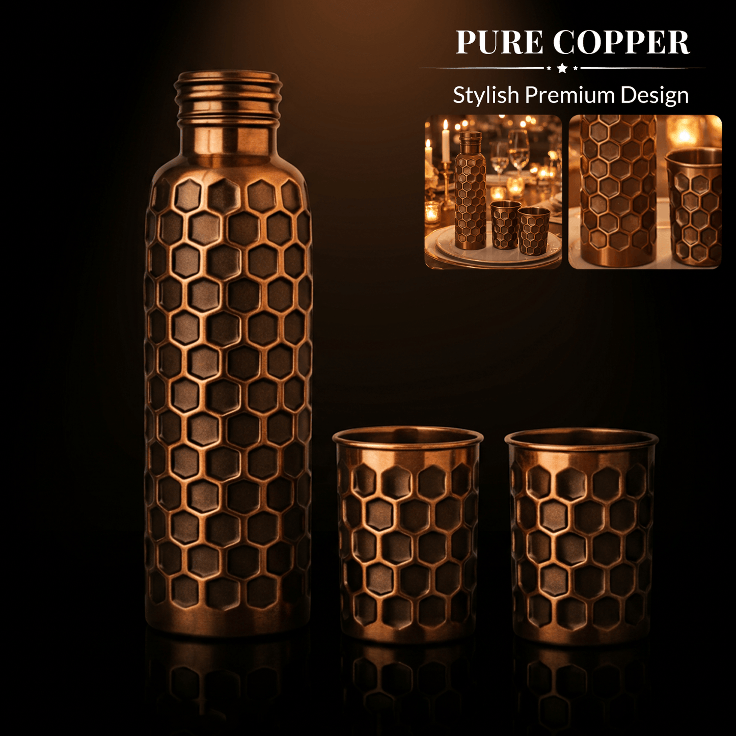 Embossed Pure Copper Bottle Gift Set with 2 Glasses | 950ml Bottle & 300ml Tumblers