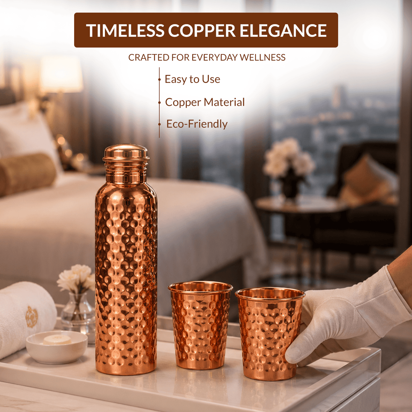 Pure Copper Bottle & Copper Glass Set (1 Bottle + 2 Glasses) | 950ml + 300ml