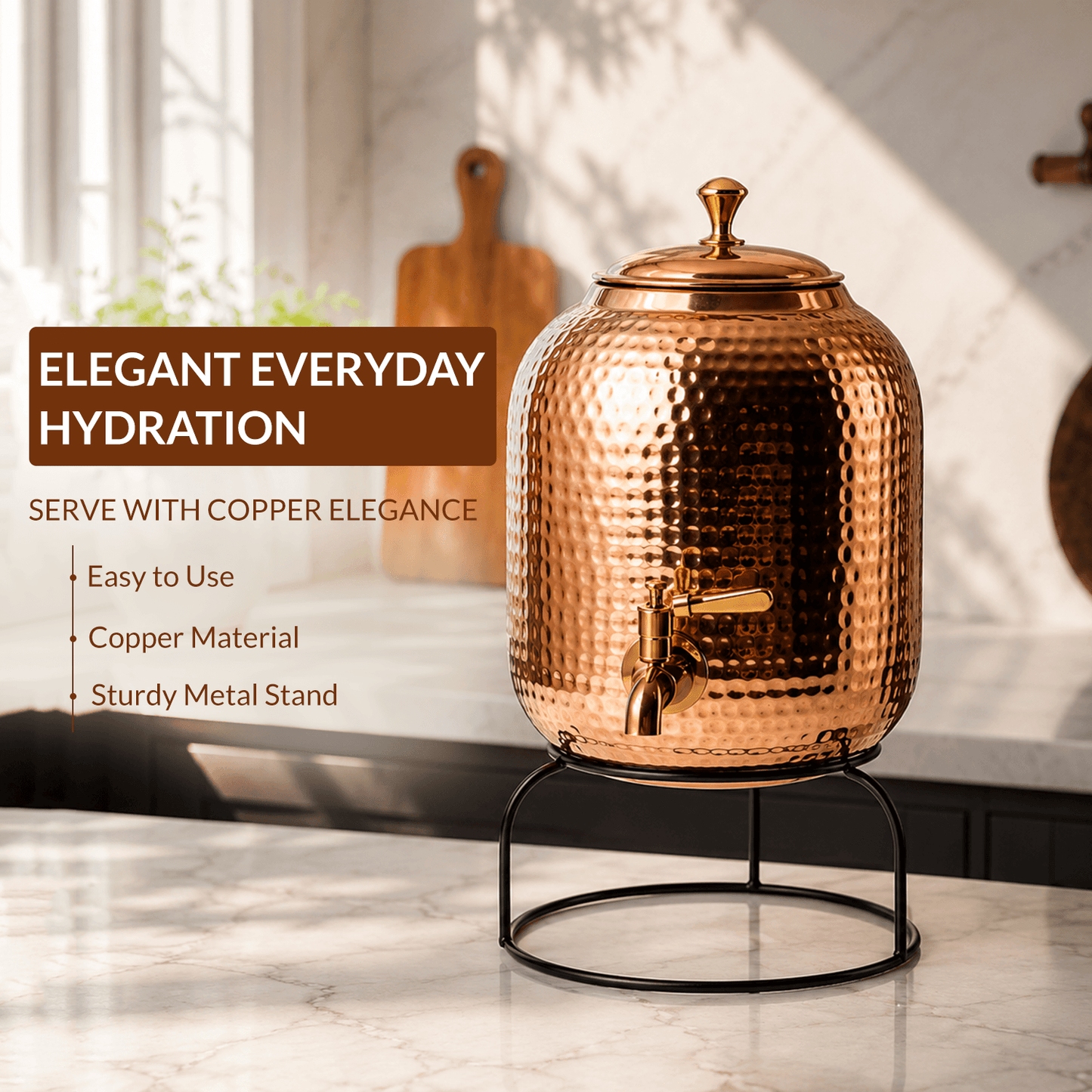 Hand Hammered Pure Copper Water Dispenser with Stand | 5L 8L 12L 16L