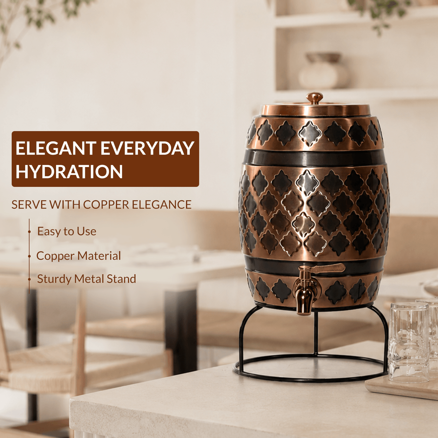 Antique Embossed Pure Copper Water Dispenser with Stand | 5L 8L 12L 16L