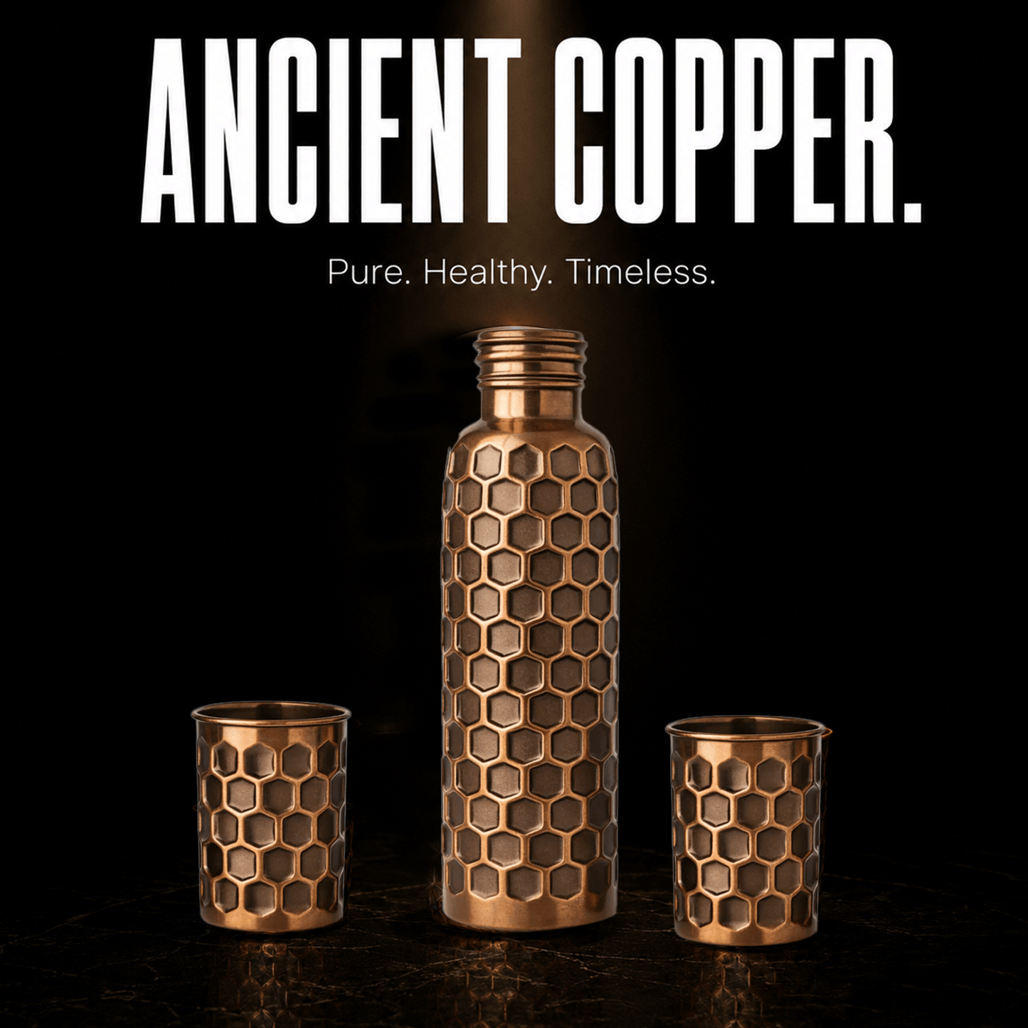 Embossed Pure Copper Bottle Gift Set with 2 Glasses | 950ml Bottle & 300ml Tumblers
