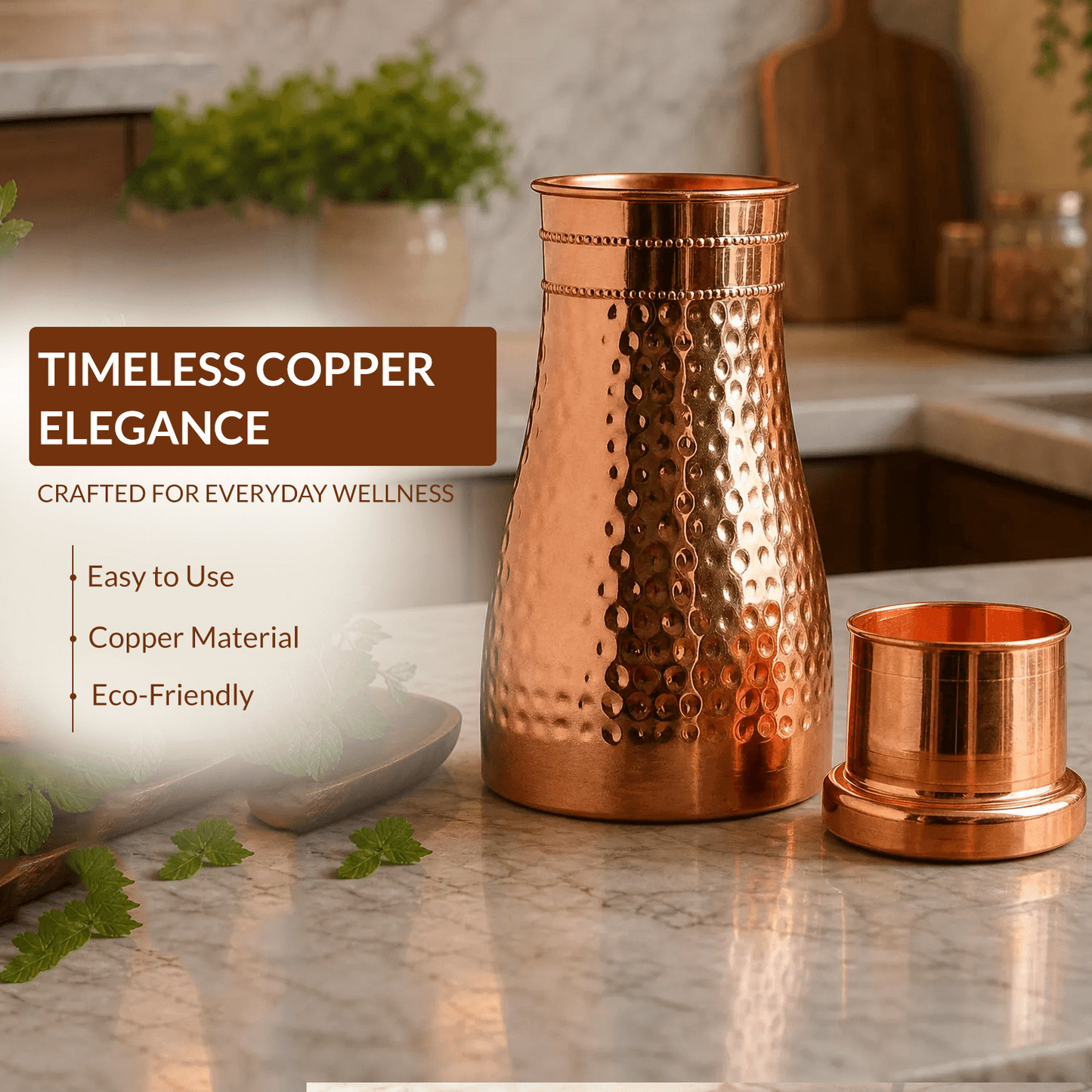 Handcrafted Copper Hand Hammered Bedroom Bottle with Glass 950ml