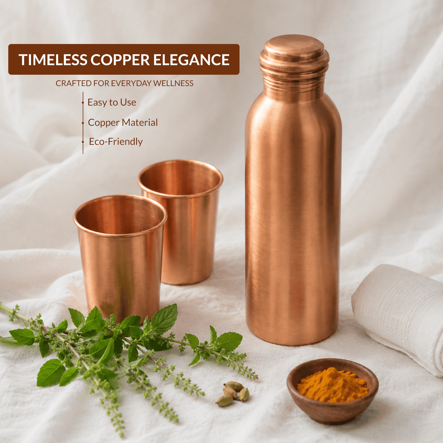Pure Copper Bottle Gift Set with 2 Copper Glasses | 950ml Bottle & 300ml Glasses