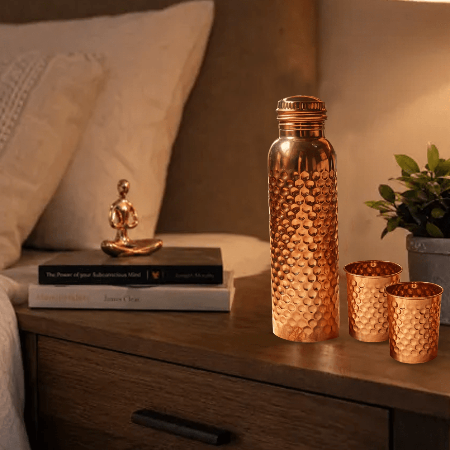 Pure Copper Bottle & Copper Glass Set (1 Bottle + 2 Glasses) | 950ml + 300ml