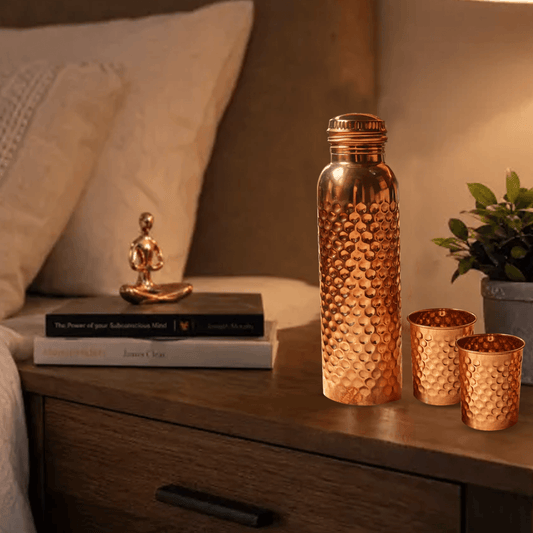 Pure Copper Bottle & Copper Glass Set (1 Bottle + 2 Glasses) | 950ml + 300ml