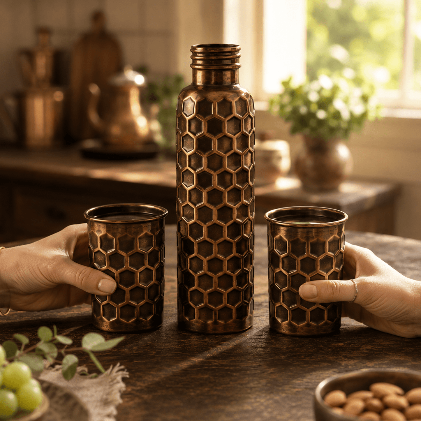 Embossed Pure Copper Bottle Gift Set with 2 Glasses | 950ml Bottle & 300ml Tumblers