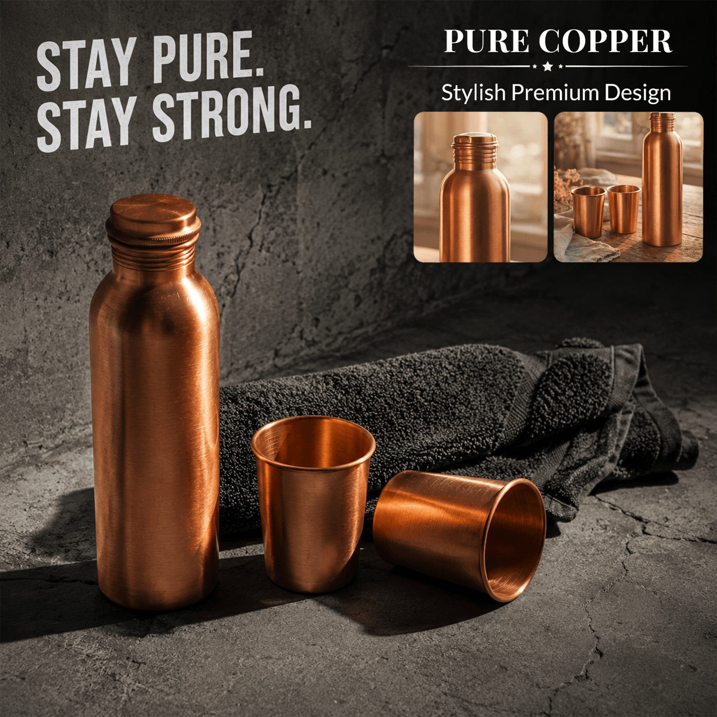 Pure Copper Bottle Gift Set with 2 Copper Glasses | 950ml Bottle & 300ml Glasses
