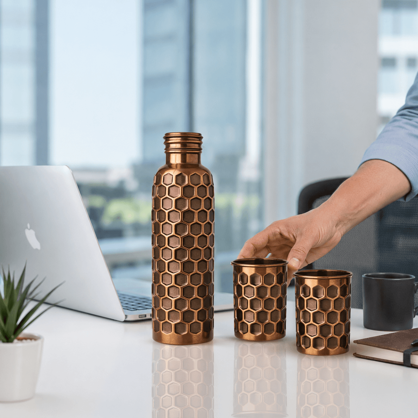 Embossed Pure Copper Bottle Gift Set with 2 Glasses | 950ml Bottle & 300ml Tumblers