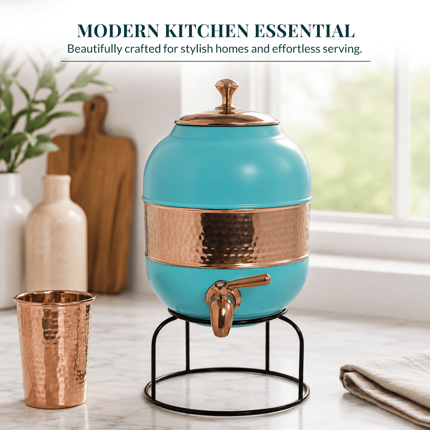 Pure Copper Water Dispenser | Half Hammered Turquoise Finish with Stand