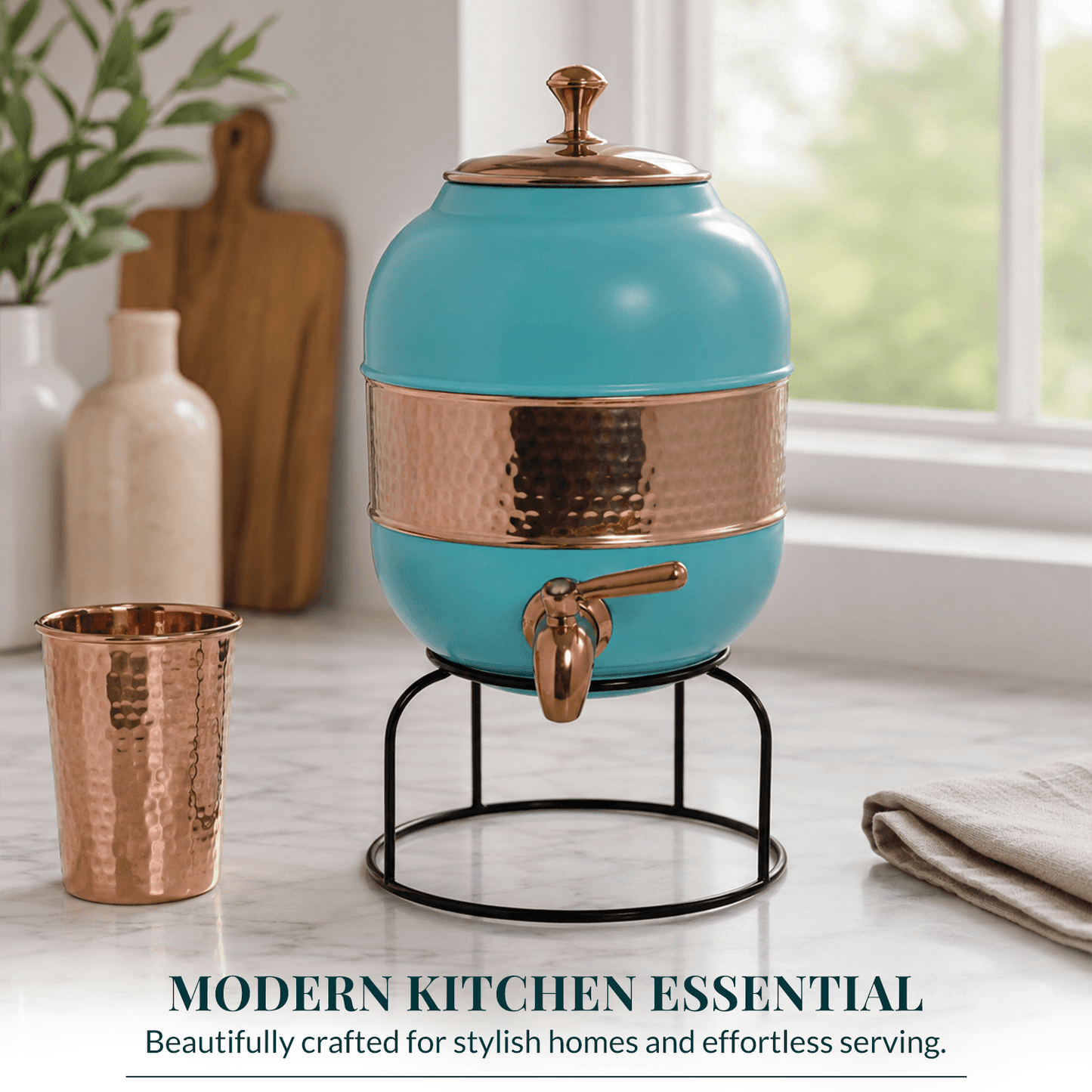 Pure Copper Water Dispenser | Half Hammered Turquoise Finish with Stand