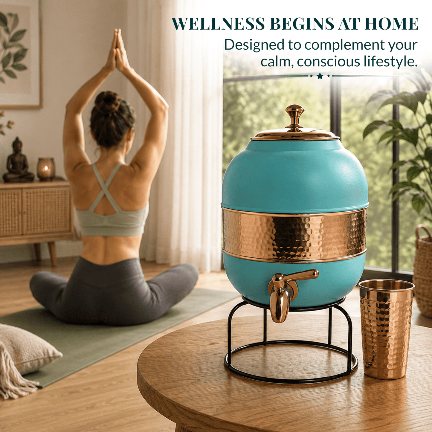 Pure Copper Water Dispenser | Half Hammered Turquoise Finish with Stand