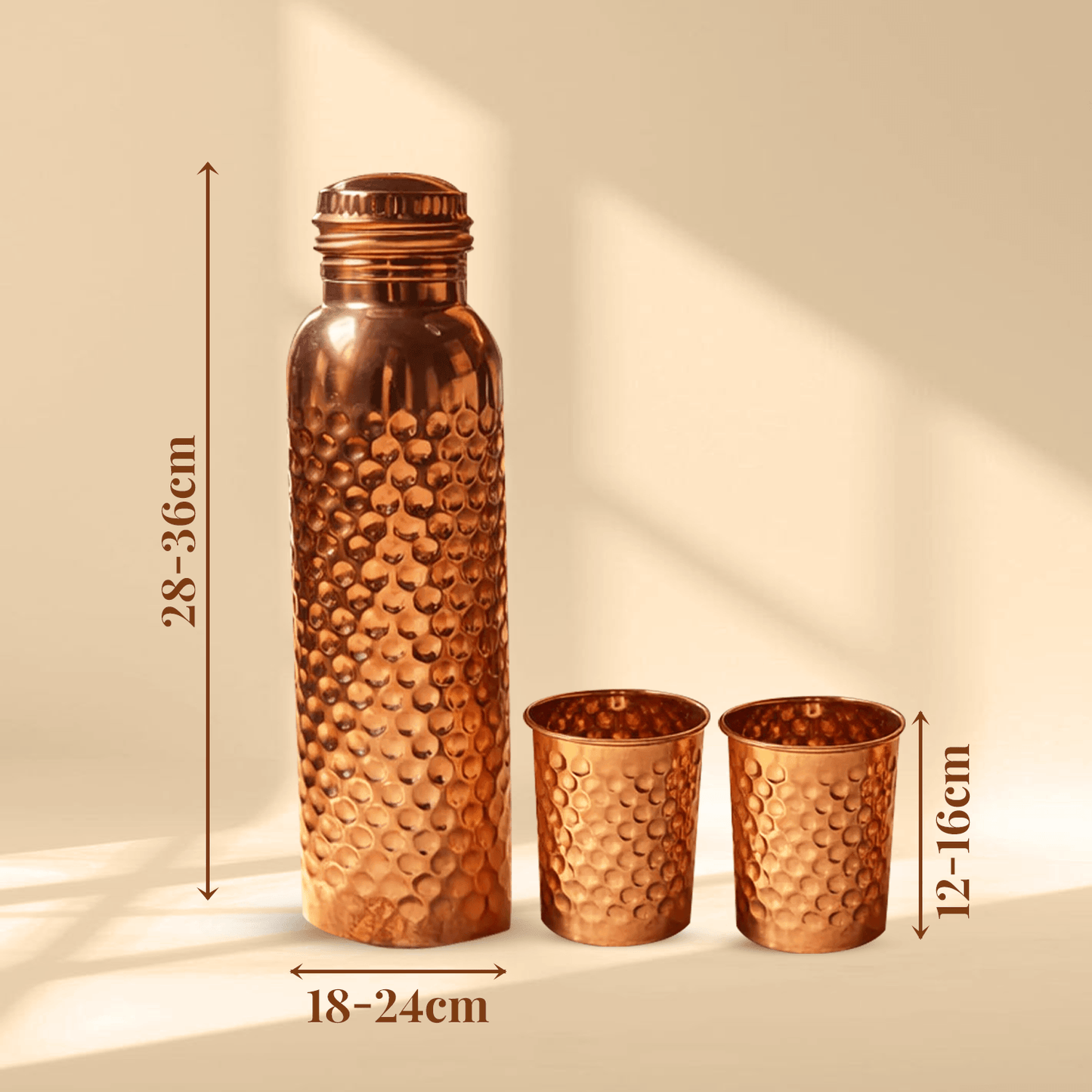 Pure Copper Bottle & Copper Glass Set (1 Bottle + 2 Glasses) | 950ml + 300ml